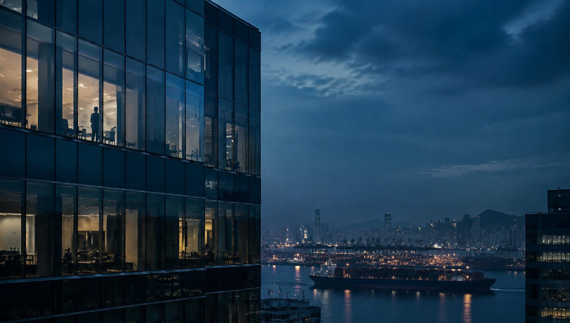 Corporate towers overlooking an international harbour at dusk